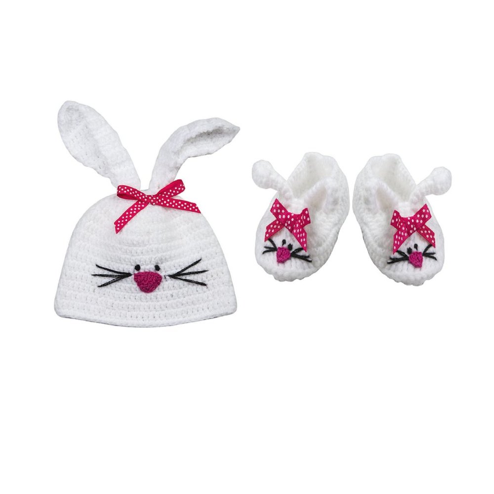 Plush Pink and White Baby Bunny Knit Hat and Bootie Set Easter